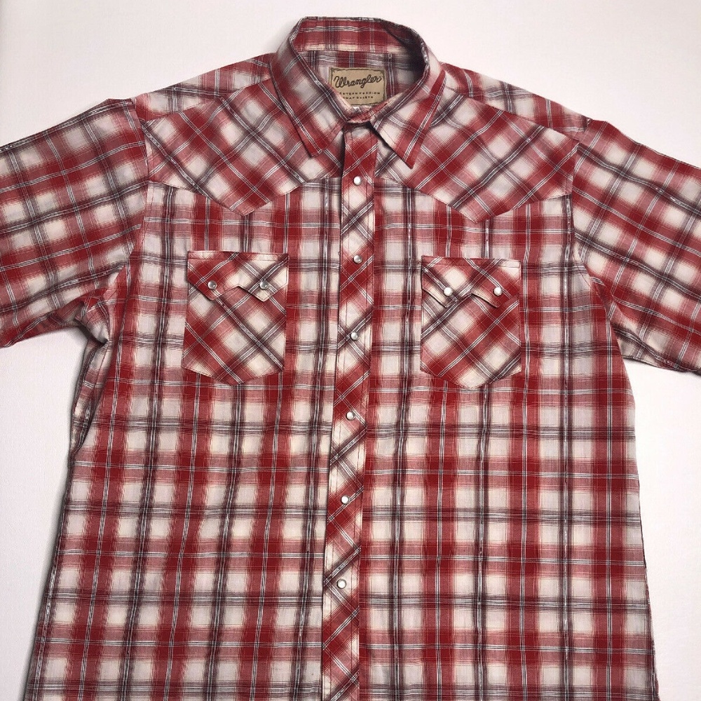 Wrangler Rodeo Red White Plaid Snap Shirt Sz XL